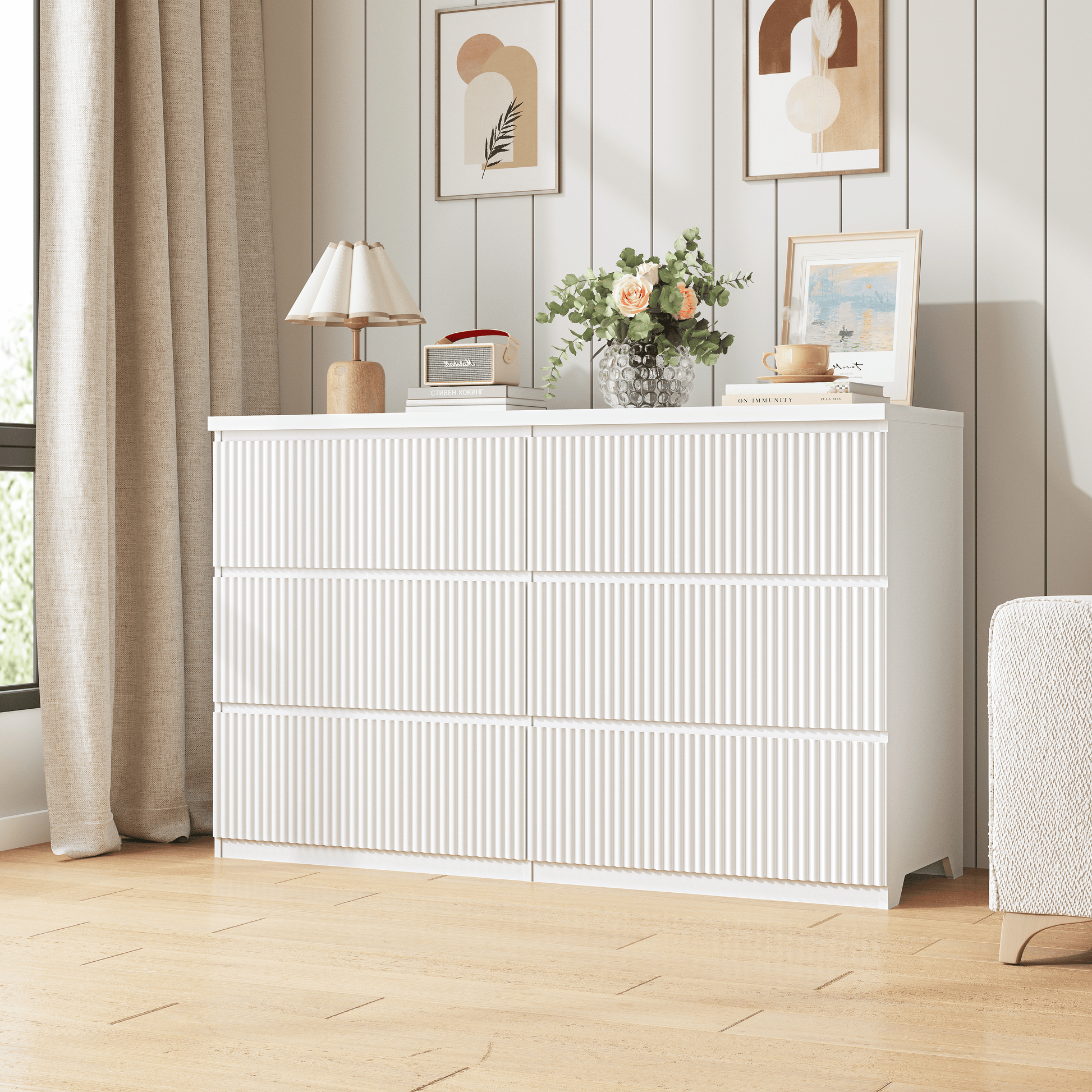 Modern White 6 Drawer Dresser, Wave Panel Drawer Fronts, Storage Cabinet, Versatile Chest of Drawers for Bedroom, Living Room - Sleek & Spacious Home Storage Solution image 5