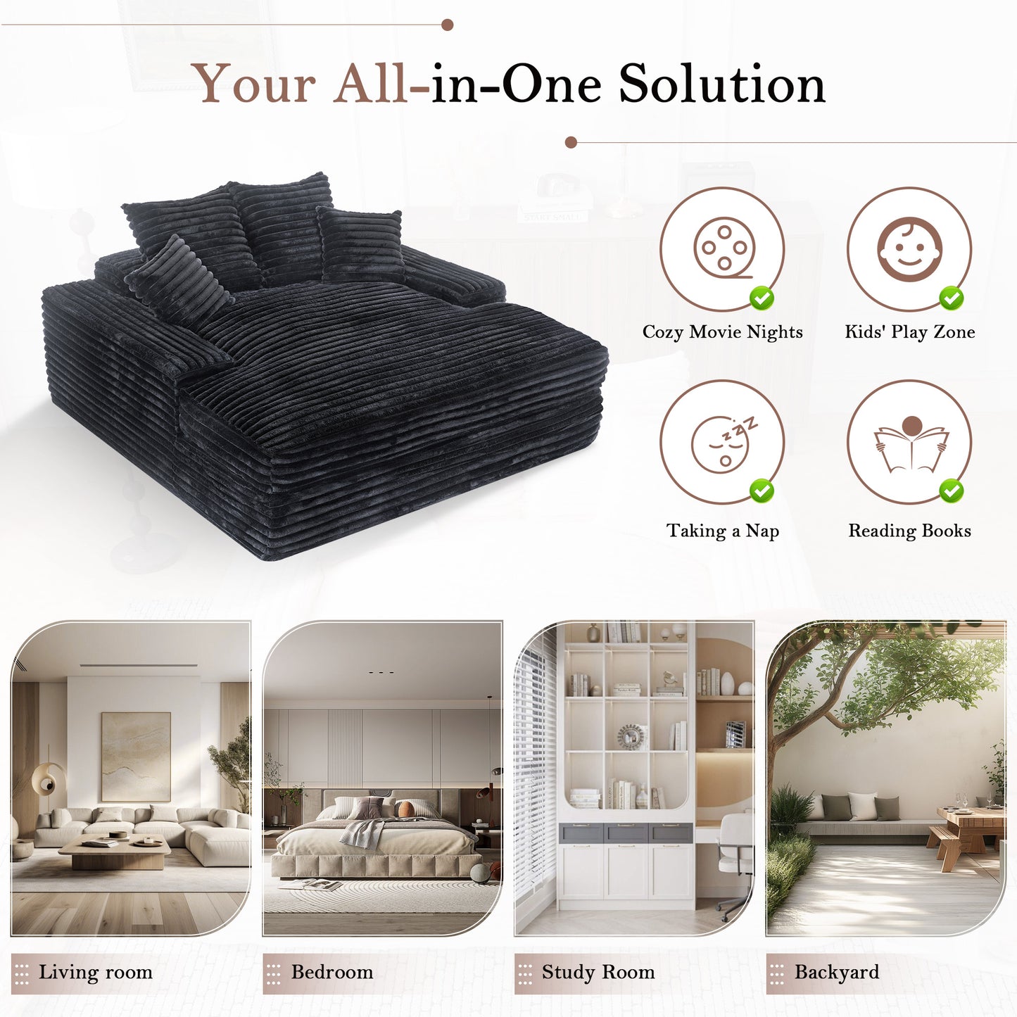 028DR-Oversized chaise Lounge chair, Upholstered Sleeper Sofa Bed with 4 Throw Pillows and Armrests, Corduroy Fabric Plush Lounge Chair Bed for Living Room, Apartment & Small Spaces, Gray image 3