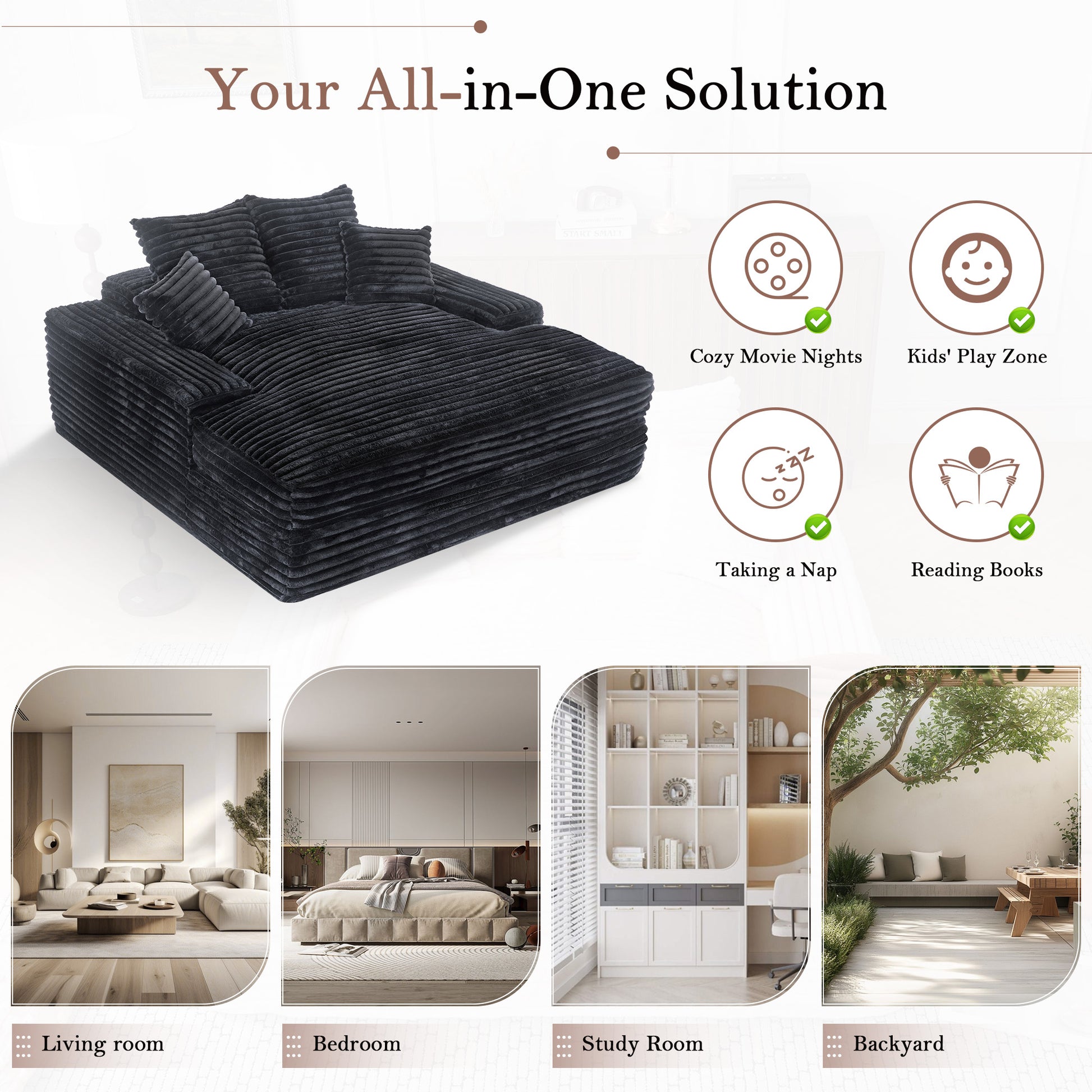 028DR-Oversized chaise Lounge chair, Upholstered Sleeper Sofa Bed with 4 Throw Pillows and Armrests, Corduroy Fabric Plush Lounge Chair Bed for Living Room, Apartment & Small Spaces, Gray image 3