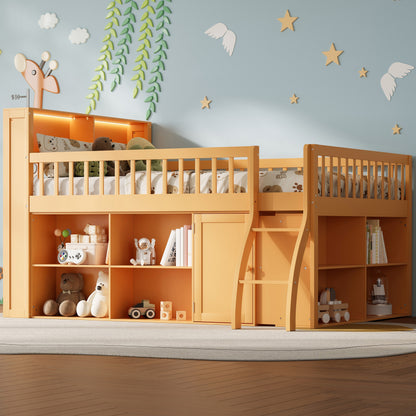Full Size Loft Bed with Storage, Headboard with LED Light, Natural image 2