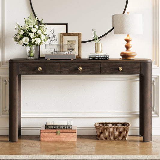 TREXM Rustic Console Table with Curved Corners for Safety, Entryway Table with 3 Concealed Drawers, Sturdy Sofa Table with Thick Legs for Hallway & Living Room (Espresso) image 1