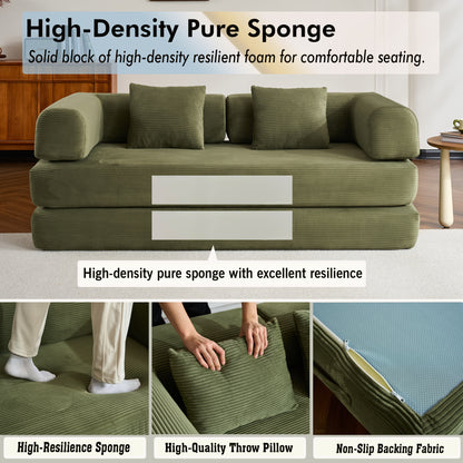 Convertible Sleeper Sofa Bed with Cylindrical Pillow, Corduroy Folding Mattress Couch with Fixed-Shape Frame, Floor Sofa Lounge Couch for Living Room Bedroom (Green) image 5