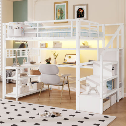 Full Size Loft Bed with Staircase and Wardrobe, Metal Loft Bed with Desk, Storage Shelves, LED Lights and Charge Station,White(Expect Arrival Date 2026/5/9 Old SKUW2593S00059) image 2