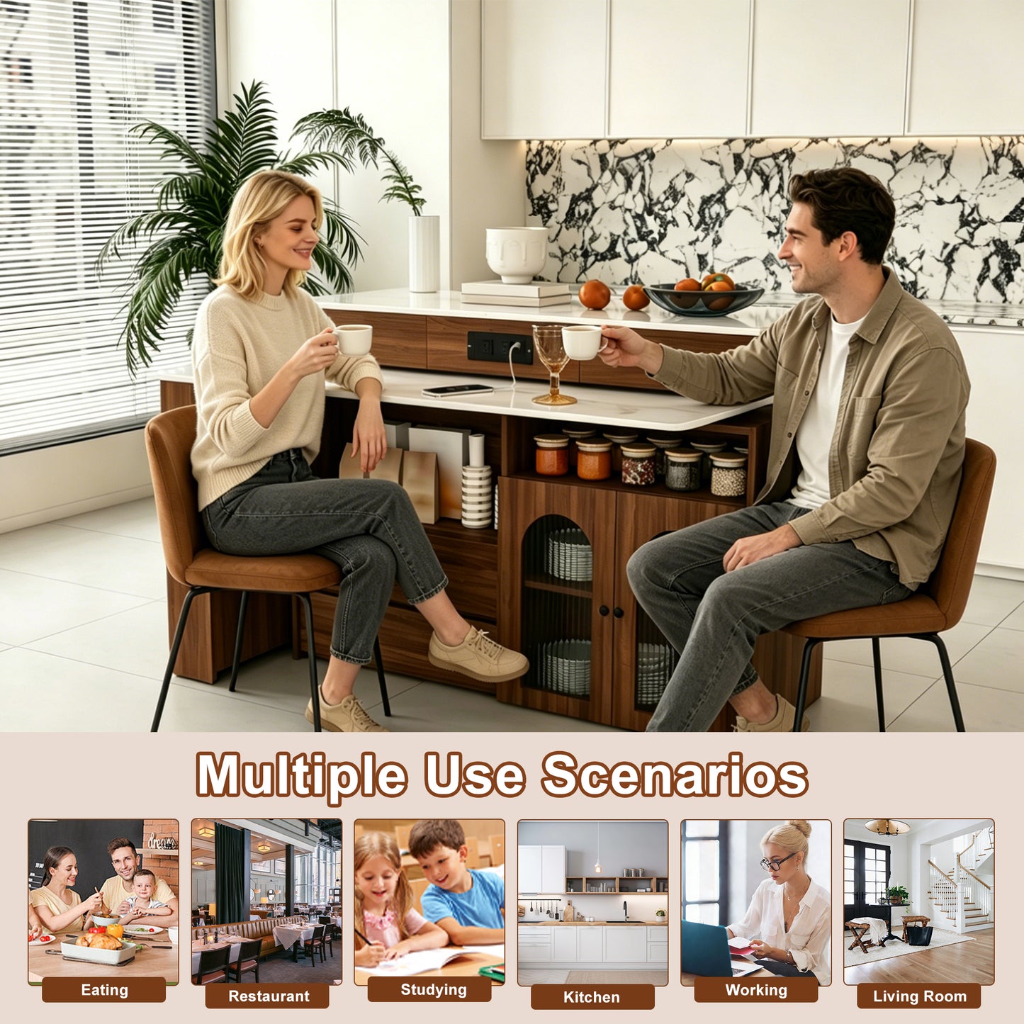 Kitchen Island with Extendable & Rotating Table, MDF with Walnut Veneer Retro Design, 4 Drawers & Glass Door Cabinets with Built-in Socket, Expandable Dining Station for 2-4 Person (Walnut) image 5