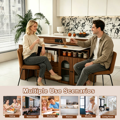 Kitchen Island with Extendable & Rotating Table, MDF with Walnut Veneer Retro Design, 4 Drawers & Glass Door Cabinets with Built-in Socket, Expandable Dining Station for 2-4 Person (Walnut) image 5