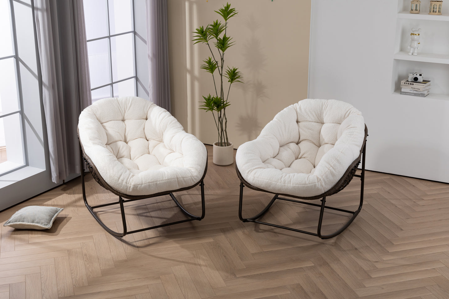 Outdoor Rattan Rocking Chair,Padded Cushion Rocker Recliner Chair Outdoor for Front Porch, Living Room, Patio, Garden, White image 1