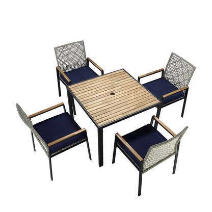 All Weather 5-Piece Patio Dining Table Sets, Patio Conversation Set Acacia Wood Table Top with Umbrella Hole, Rattan Outdoor, Light Gray Color image 12