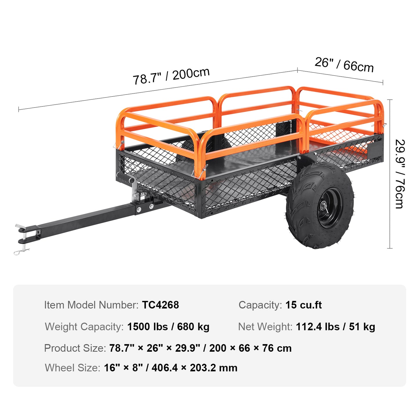 Heavy Duty Steel ATV Dump Trailer, 1500-Pound Load Capacity 15 Cubic Feet, Tow Behind Dump Cart Garden Trailer, with Removable Sides and 2 Tires, for Mowers, Tractors, ATV, UTV image 8