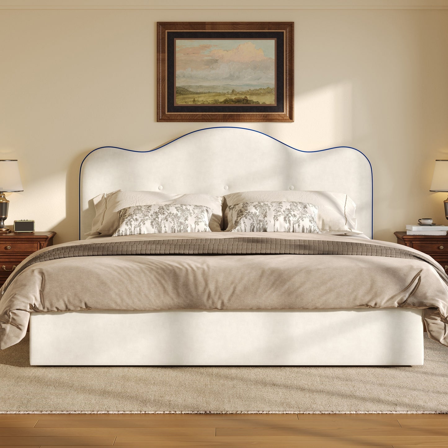 Queen Size Upholstered Platform Bed, Beige image 1