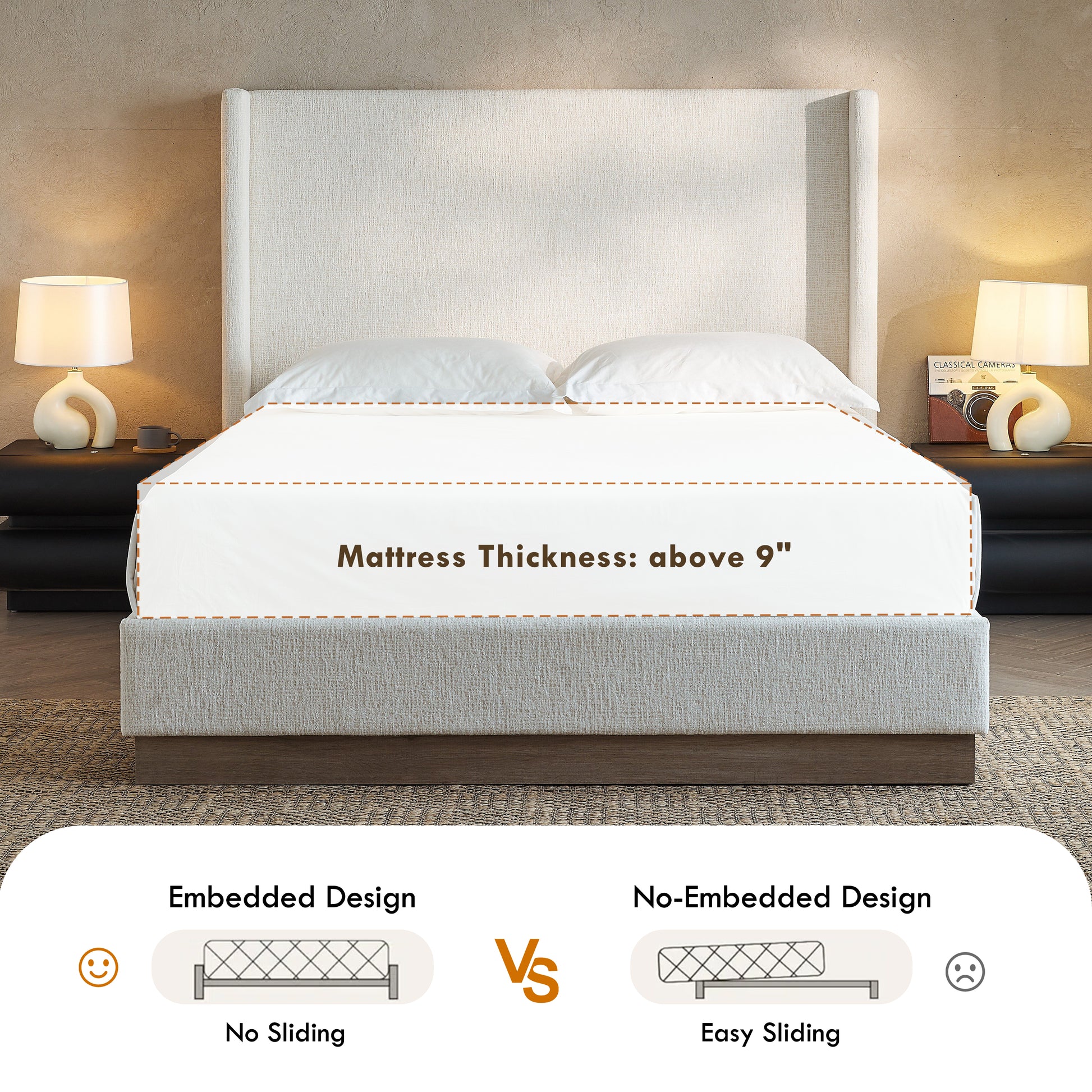 Hosford Upholstered Wingback Bed / Upholstered Wood Base Platform Bed / 52.5" High Headboard / Minimalist / Rusticity / No Box Spring Needed / Queen / Oat Boucle / No Noise image 5