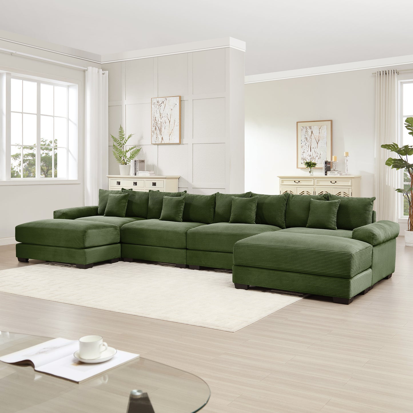 170"Oversized Cloud Modular U-Shape Sectional Couch,Premium Corduroy Fabric With An Ottoman,Deep Seat Wide Armrests,8 Throw Pillows Good Resilience Cushion,Easy Assembly,For Living Rooms Studies,Green image 2