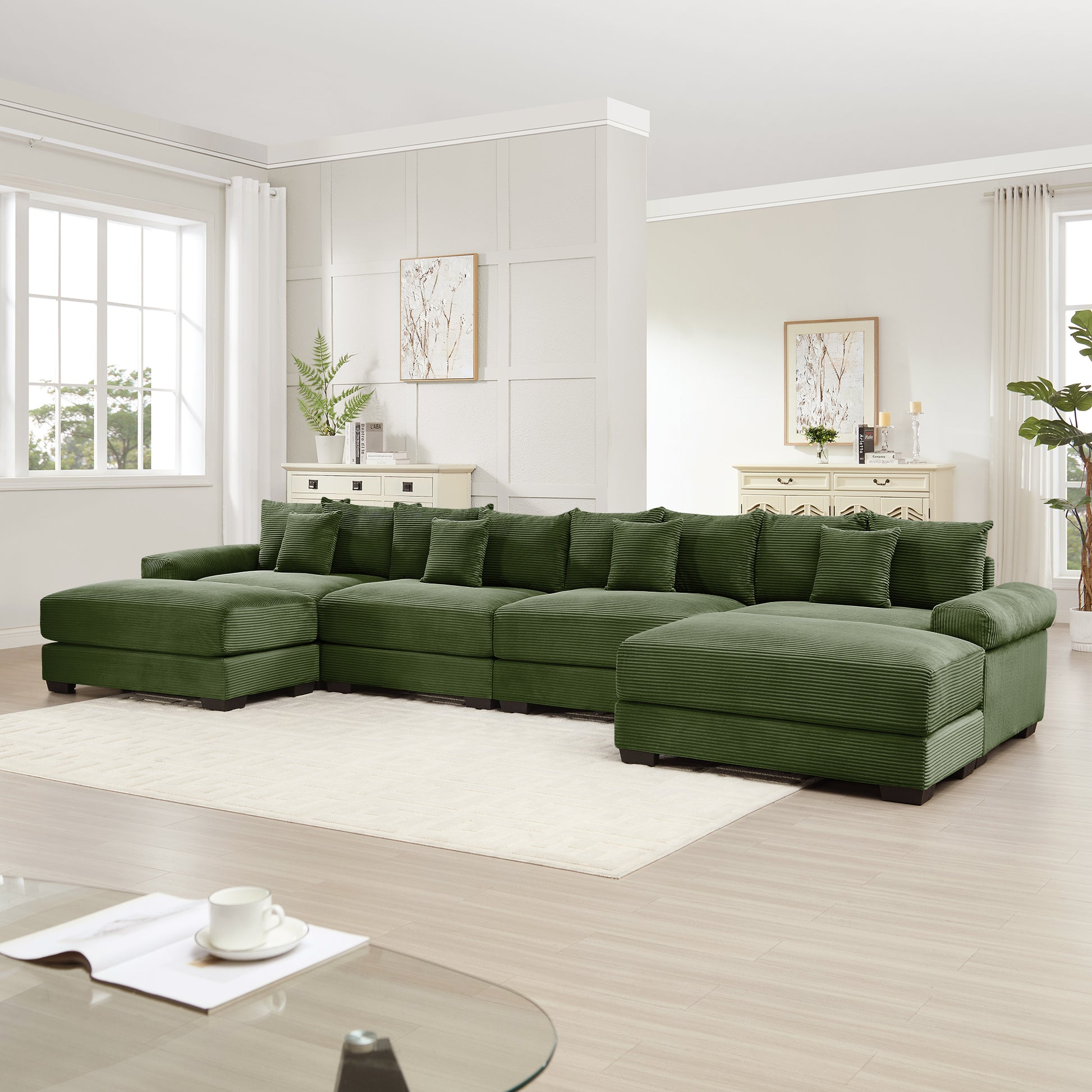 170"Oversized Cloud Modular U-Shape Sectional Couch,Premium Corduroy Fabric With An Ottoman,Deep Seat Wide Armrests,8 Throw Pillows Good Resilience Cushion,Easy Assembly,For Living Rooms Studies,Green image 2