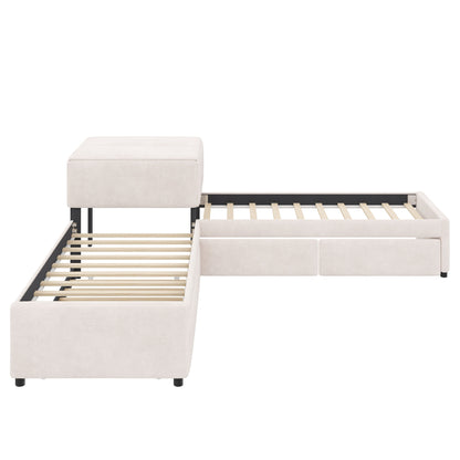 L-shaped Upholstered Platform Bed with Trundle and Two Drawers Linked with built-in Desk,Twin,Beige image 7