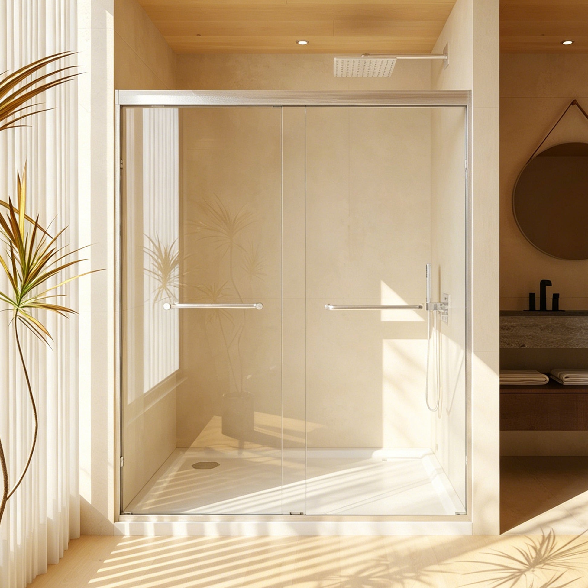 56-60 " x 72" Tempered Glass, Aluminum Frame Double Sliding Shower Door, "1/4 (6 mm), Stainless Steel handle,Brushed Nickel image 1