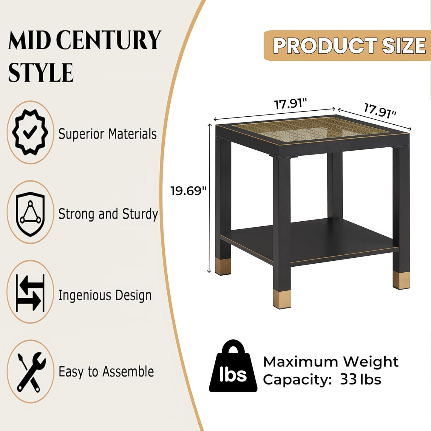 Square Side Table with Shelf, Boho Style Side Table for Living Room, Tempered Glass End Table with Metal Frame, Nightstand for Bedroom, 2-Tier, Black image 6