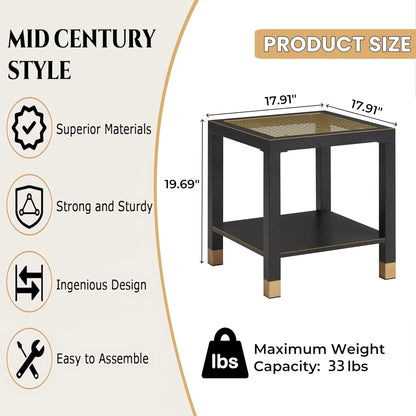 Square Side Table with Shelf, Boho Style Side Table for Living Room, Tempered Glass End Table with Metal Frame, Nightstand for Bedroom, 2-Tier, Black image 6