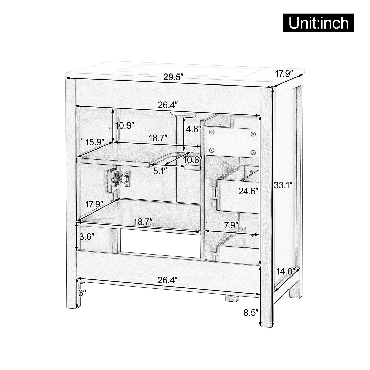 30" Bathroom Vanity with Sink Top, Bathroom Vanity Cabinet with Two Doors and Two Drawers, Solid Wood, Open shelf, MDF Boards, One Package, Blue Gray image 7