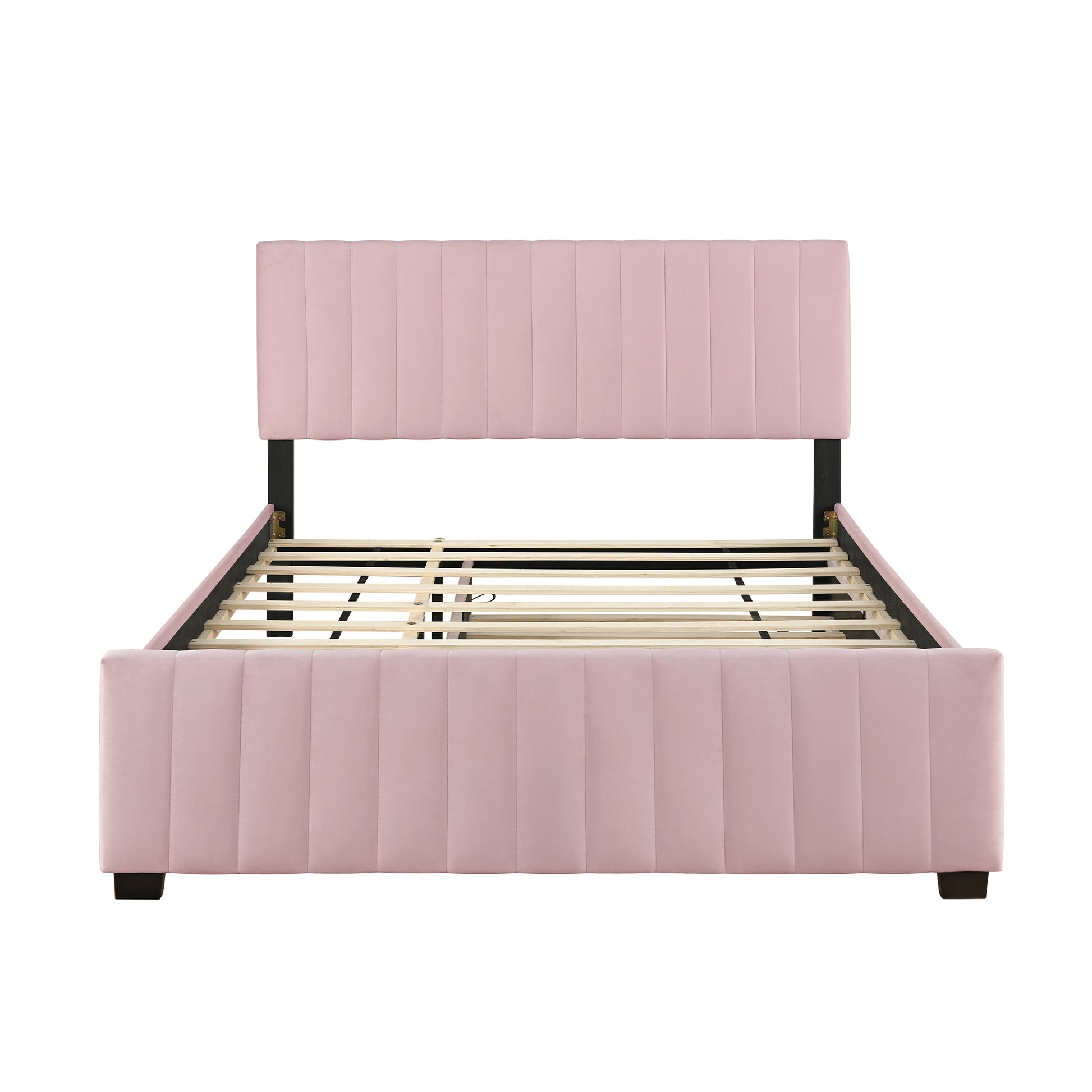 Queen Size Velvet Upholstered Platform Bed with Twin XL Size Trundle, Pink image 3
