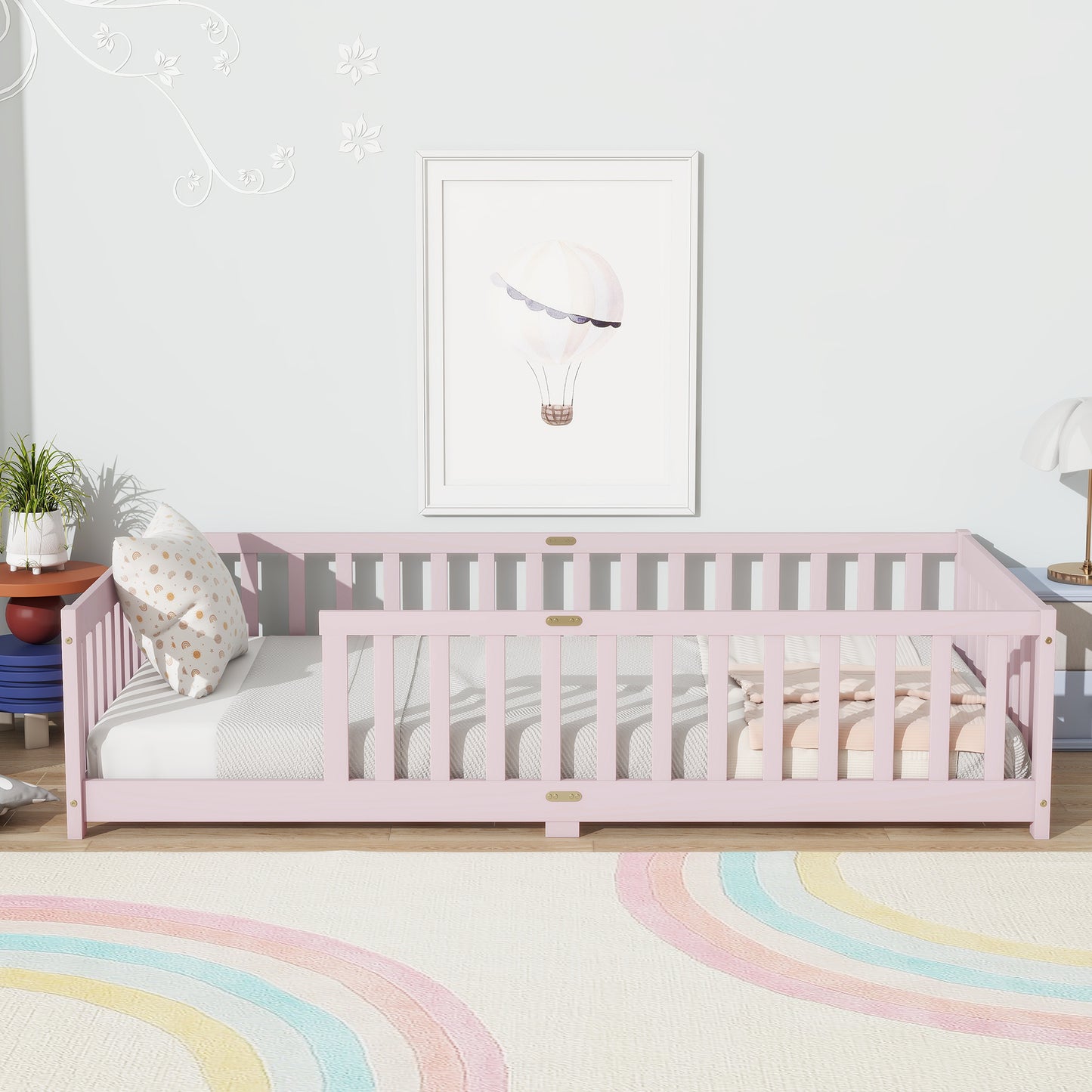 Twin Size Floor Bed with Fence without Door, Rubber Wood Floor Bed with Safety Guardrails,Pink (Old Sku W504P286399) image 3