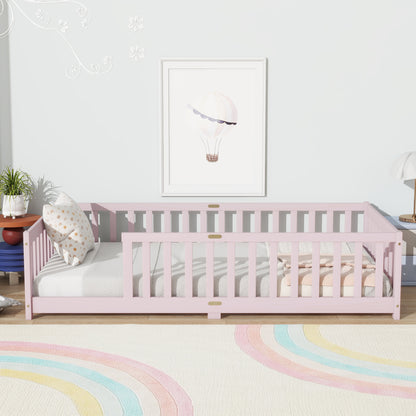 Twin Size Floor Bed with Fence without Door, Rubber Wood Floor Bed with Safety Guardrails,Pink (Old Sku W504P286399) image 3