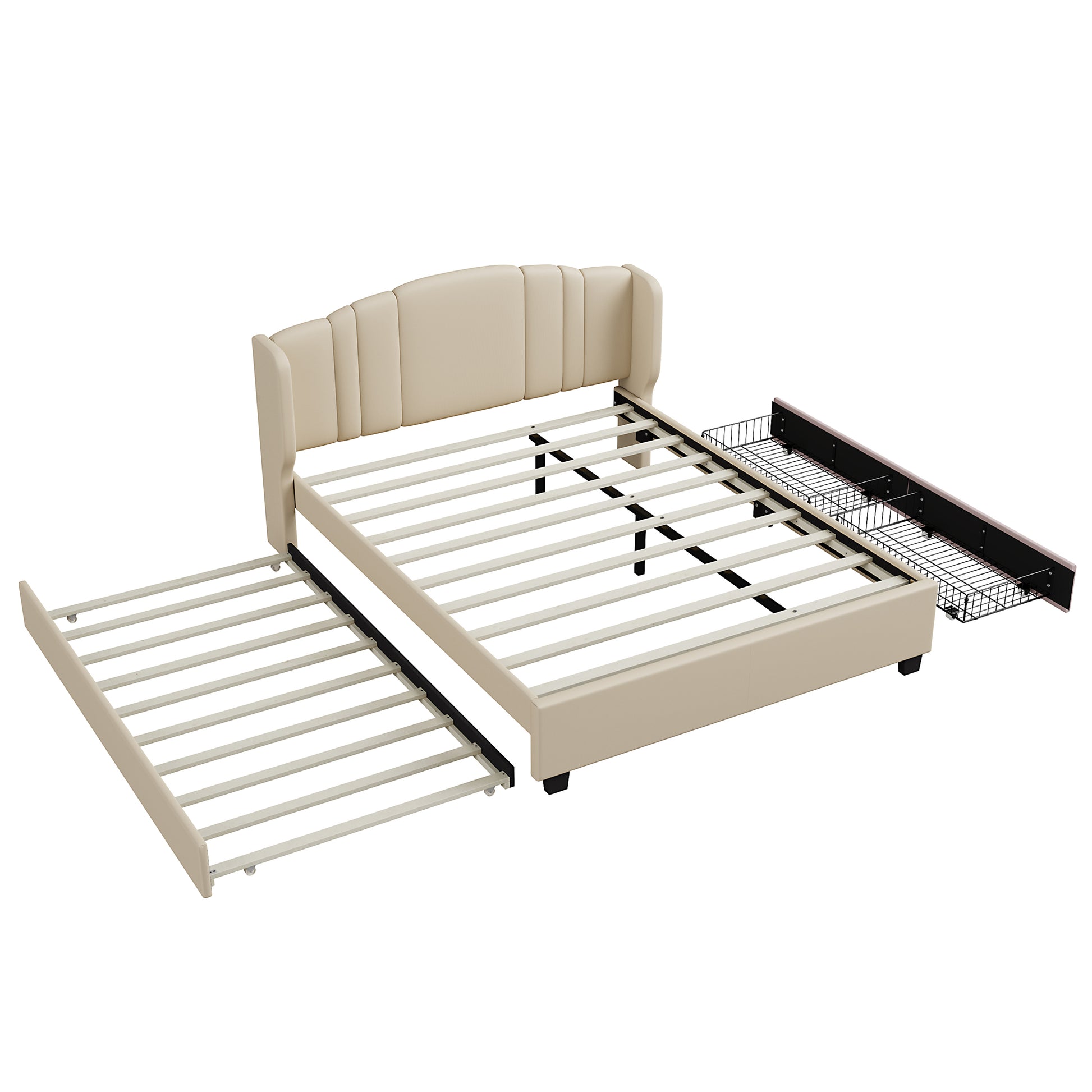 Upholstered Platform Bed with Wingback Headboard, One Twin Trundle and 2 Drawers, No Box Spring Needed, Linen Fabric, Queen Size, Beige image 6