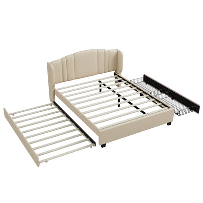 Upholstered Platform Bed with Wingback Headboard, One Twin Trundle and 2 Drawers, No Box Spring Needed, Linen Fabric, Queen Size, Beige image 6