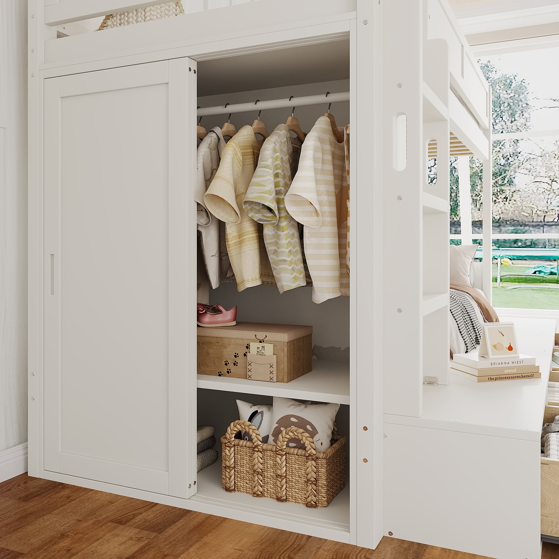 Twin over Twin Bunk Bed with 4 Storage Drawers, Solid Wood Bunk Bed with Built-in Wardrobe and Full-length Guardrails, No Box Spring Needed, Ivory image 5