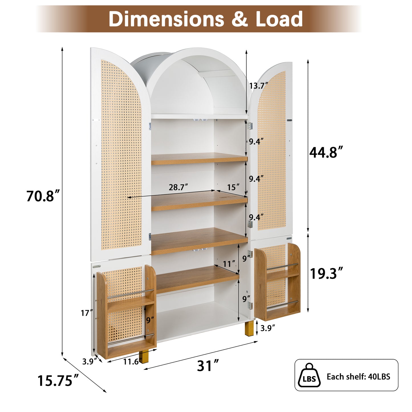 71" Tall Arched Cabinet with Rattan Doors & Adjustable Shelves,4 Doors Modern Farmhouse Storage Cabinet with Built-in Racks for Kitchen, Dining Room, Study, White image 11