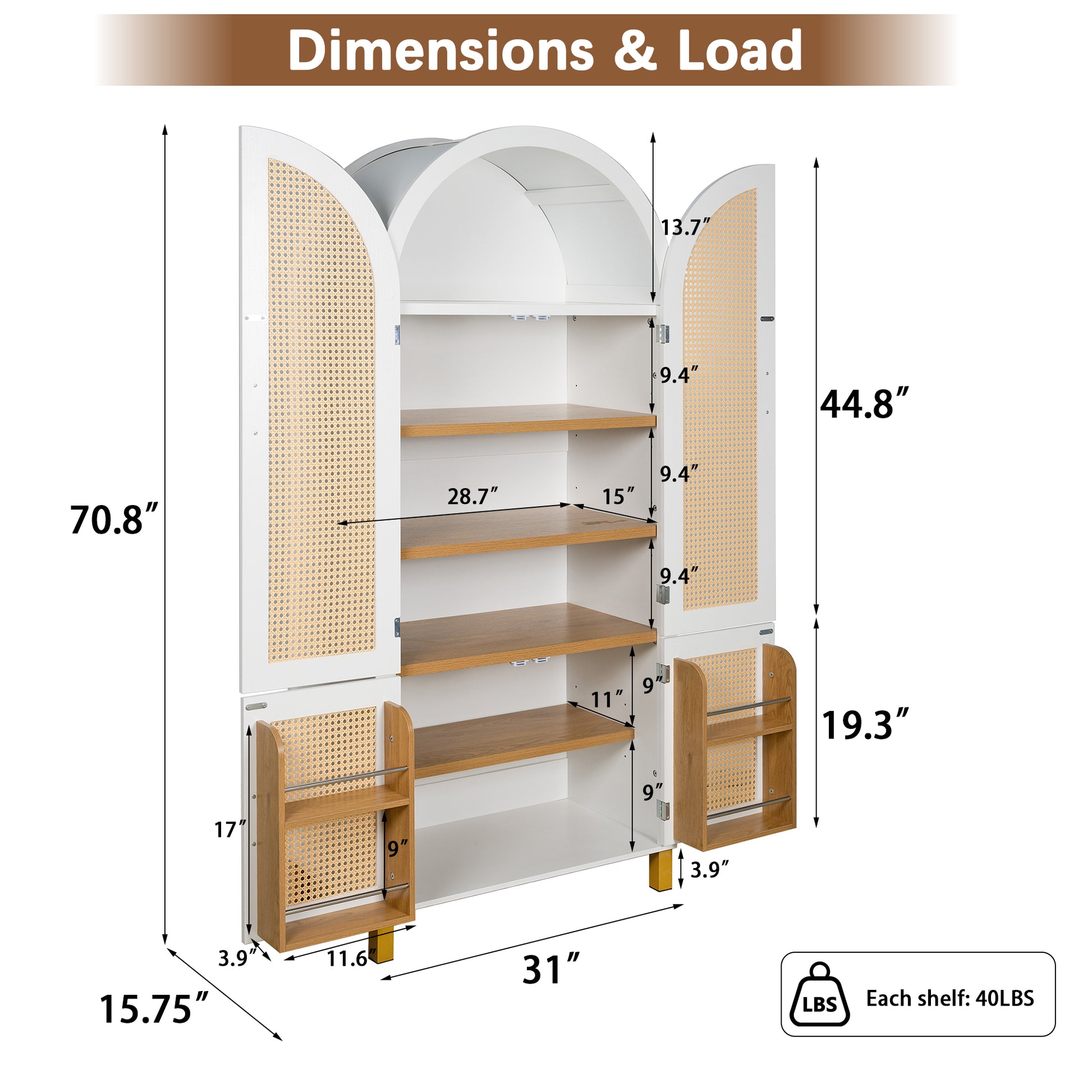 71" Tall Arched Cabinet with Rattan Doors & Adjustable Shelves,4 Doors Modern Farmhouse Storage Cabinet with Built-in Racks for Kitchen, Dining Room, Study, White image 11