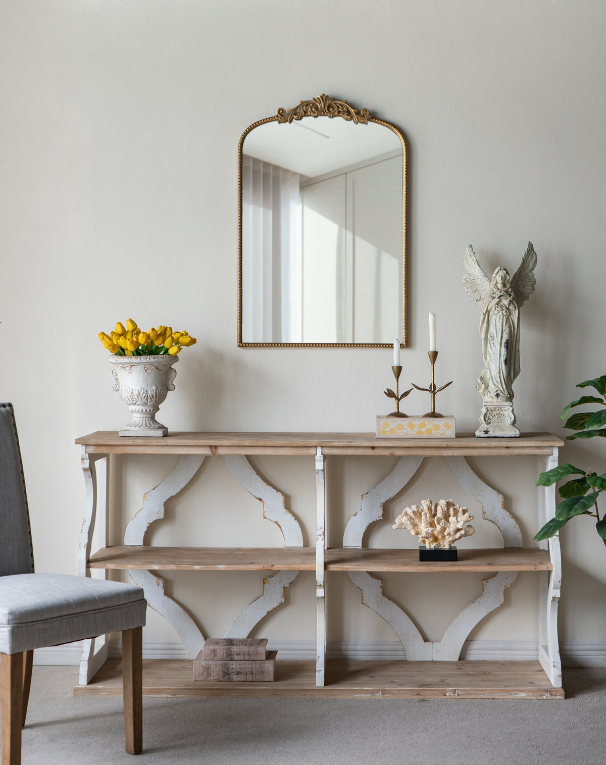 64.2x16.5x33.5" Three-Tiered Wooden Console Table with Cut-Out Patterns, Brown/White image 7