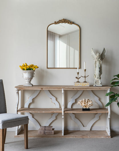64.2x16.5x33.5" Three-Tiered Wooden Console Table with Cut-Out Patterns, Brown/White image 7