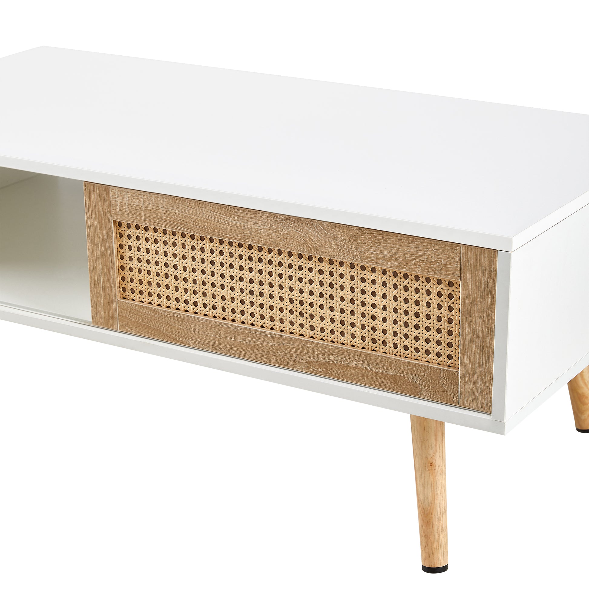 41.34" Rattan Coffee table, sliding door for storage, solid wood legs, Modern table for living room,White image 12