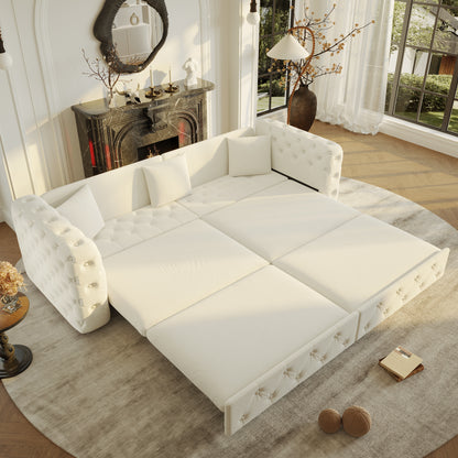 89" Extra Large Multifunctional Sofa Bed, 3-in-1 Pull Out Sofa, 4-Seater Classic Velvet Sofa with Tufted Design, Includes 3 Throw Pillows, Suitable for Apartments and Living Rooms, Beige&White image 11