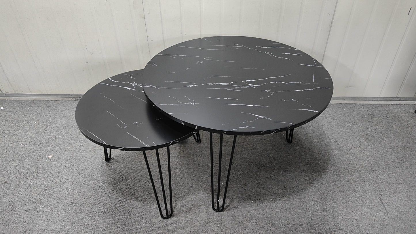 27.56'' Round Nesting Coffee Table Set of 2, Circular Nesting End Table Set, Round Marble Tabletop, and Sturdy Metal Base for Living Room, bedroom, Black image 4