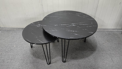 27.56'' Round Nesting Coffee Table Set of 2, Circular Nesting End Table Set, Round Marble Tabletop, and Sturdy Metal Base for Living Room, bedroom, Black image 4