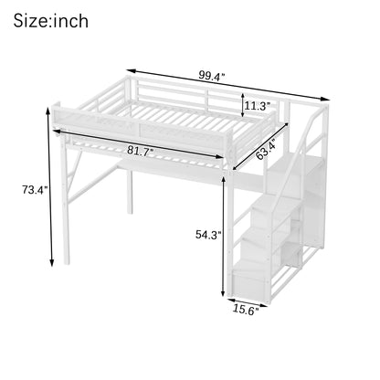 Queen Loft Bed with Desk and Charging Station, Queen Size Metal Loft Bed with Stairs and Light for Kids Teens,White(Expect Arrival Date 2026/3/7) image 11