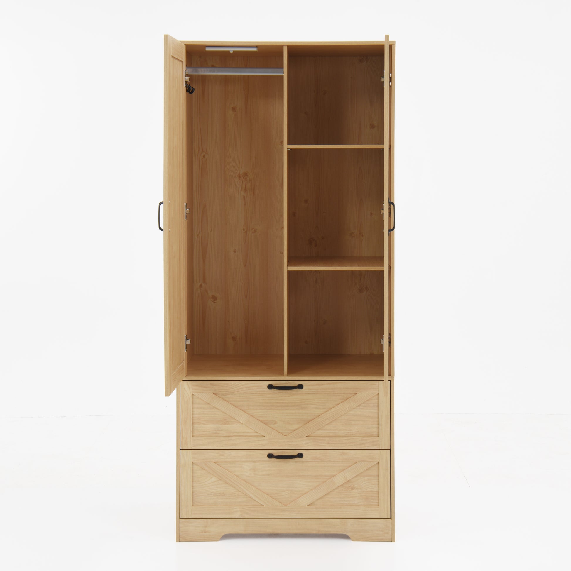 2 Door Wood Wardrobe for Bedroom with Hanging Clothing Rod inside the Cabinet and 2 Drawers for Storage Organization, Built-in induction light Multifunctional Closet with Mirror, Natural image 9