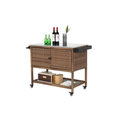 Outdoor Wicker Bar Cart, Patio Wine Serving Cart w/Wheels, Rolling Rattan Beverage Bar Counter Table w/Glass Top for Porch Backyard Garden Poolside Party, Brown