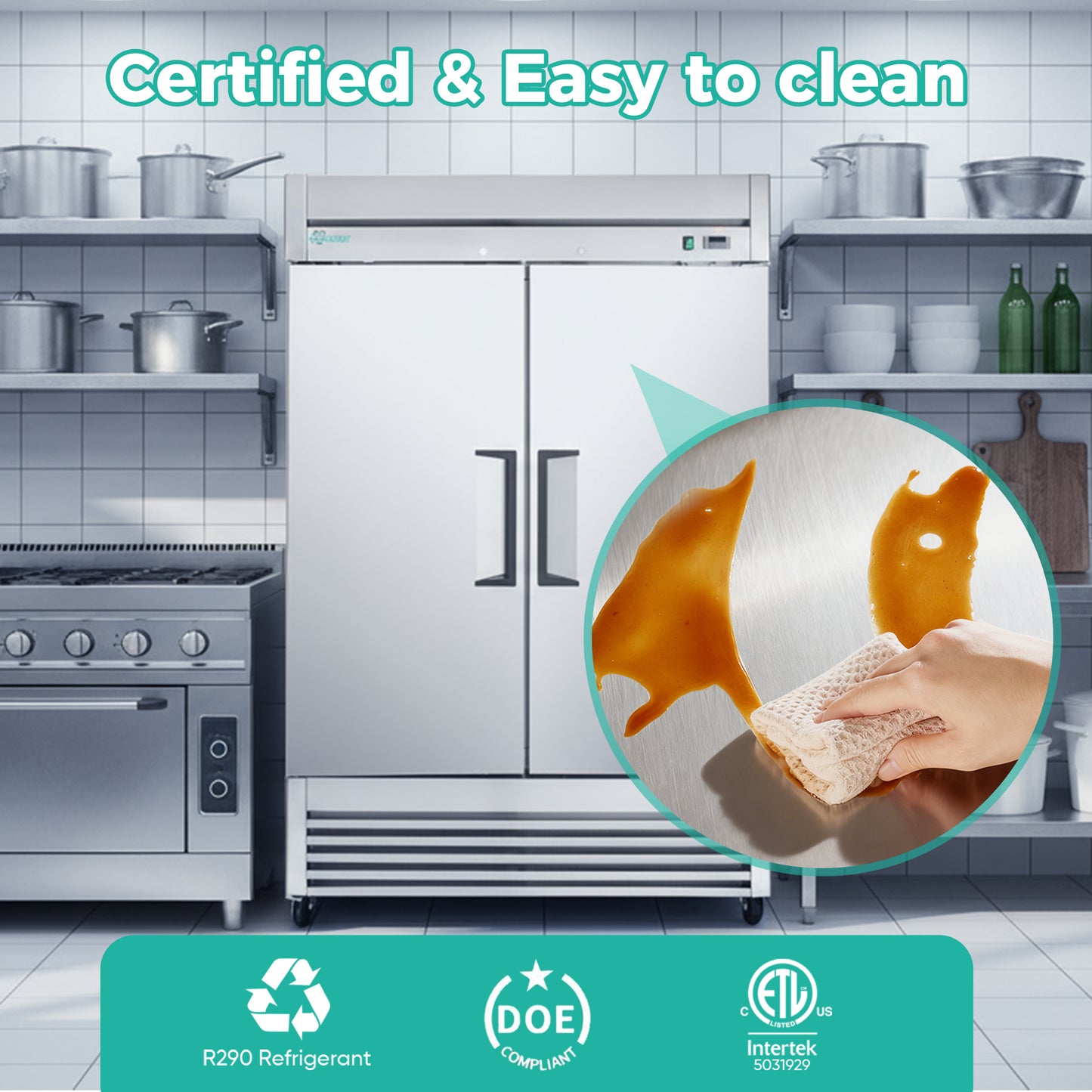 54" Commercial Refrigerator 49 Cu.Ft, Stainless Steel 2 Door Reach-in Fridge, 32–37℉, Air Cooling, LED Light, 6 Shelves, R290, ETL image 2