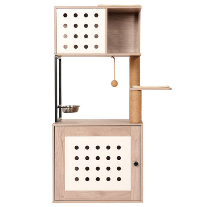 Cat Tree with Litter Box Enclosure, All-in-one Cat Tower for Indoor Cats with Large Hammock, Bed, Food Station, Scratching Posts, Modern Style Pet Furniture, Gray+white image 9