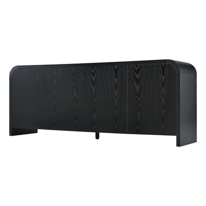 Farmhouse Curved Edge TV Stand with Large Cabinets for TVs up to 70", Minimalist Wood Grain Media Console with Cable Management, Mid Century TV Cabinet with Adjustable Shelves for Living Room, Black image 8