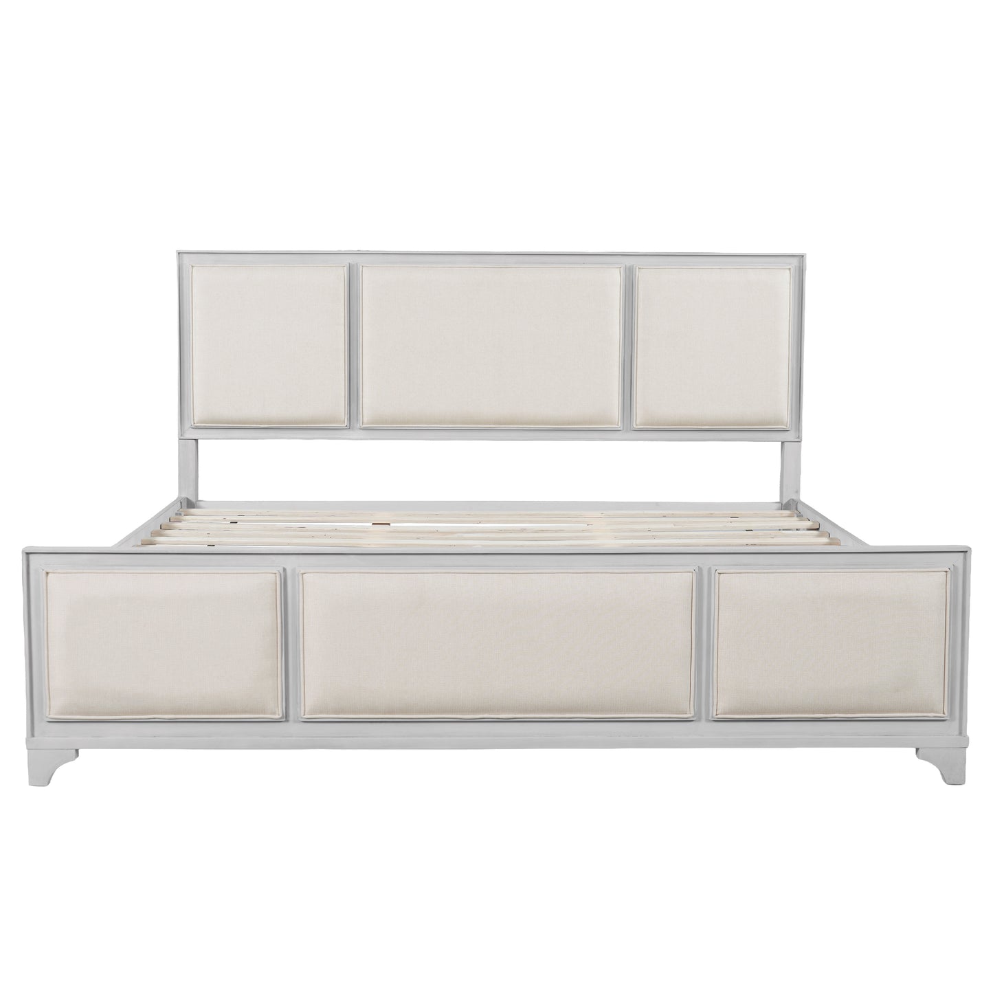 King Size Bed Frame with Upholstered Headboard, White Solid Wood & Beige Fabric, No Box Spring Needed, Modern Farmhouse Style image 6