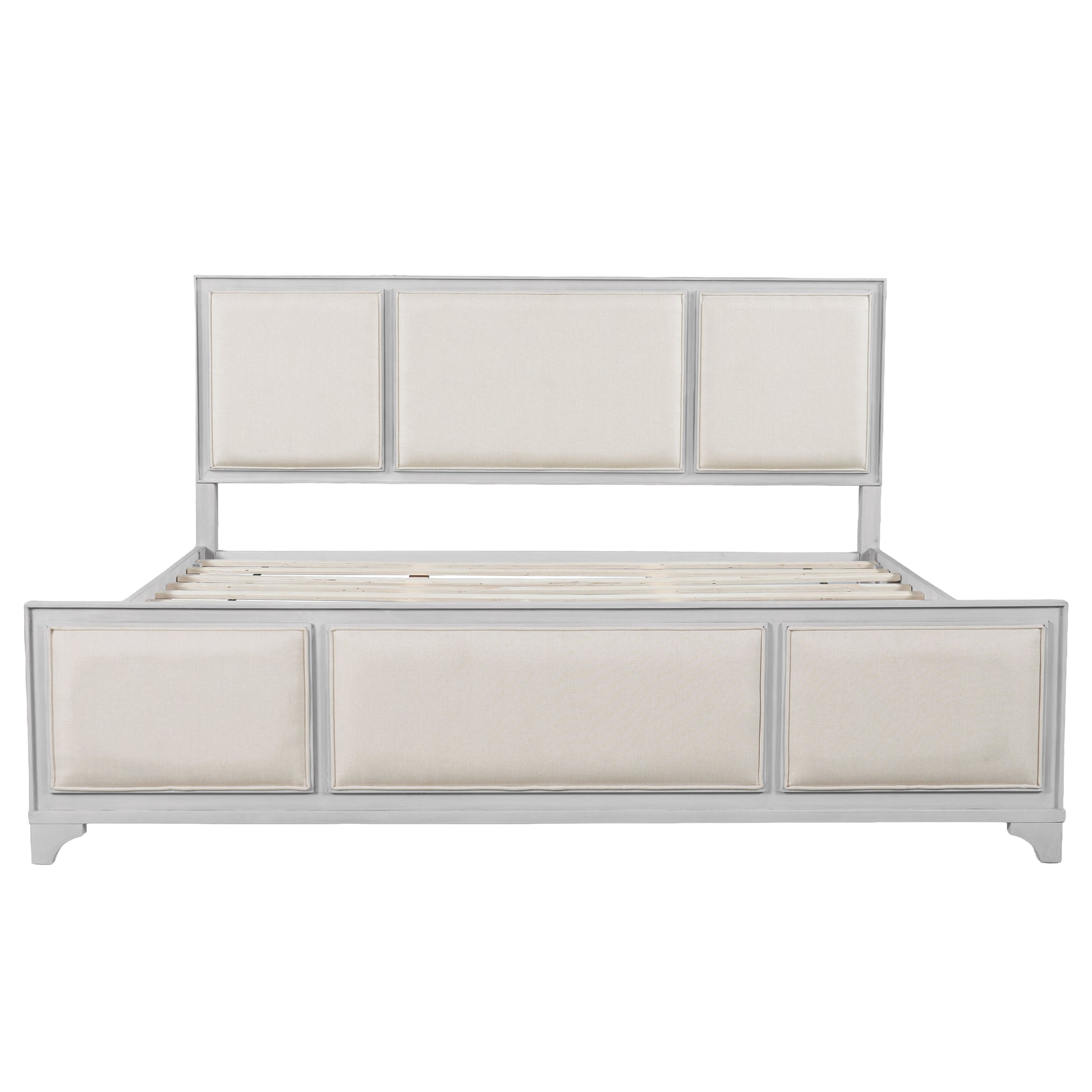King Size Bed Frame with Upholstered Headboard, White Solid Wood & Beige Fabric, No Box Spring Needed, Modern Farmhouse Style image 6