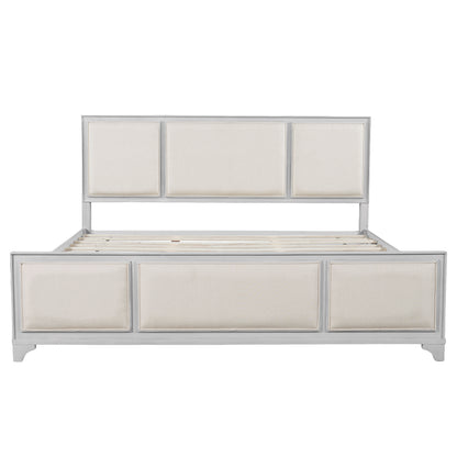 King Size Bed Frame with Upholstered Headboard, White Solid Wood & Beige Fabric, No Box Spring Needed, Modern Farmhouse Style image 6