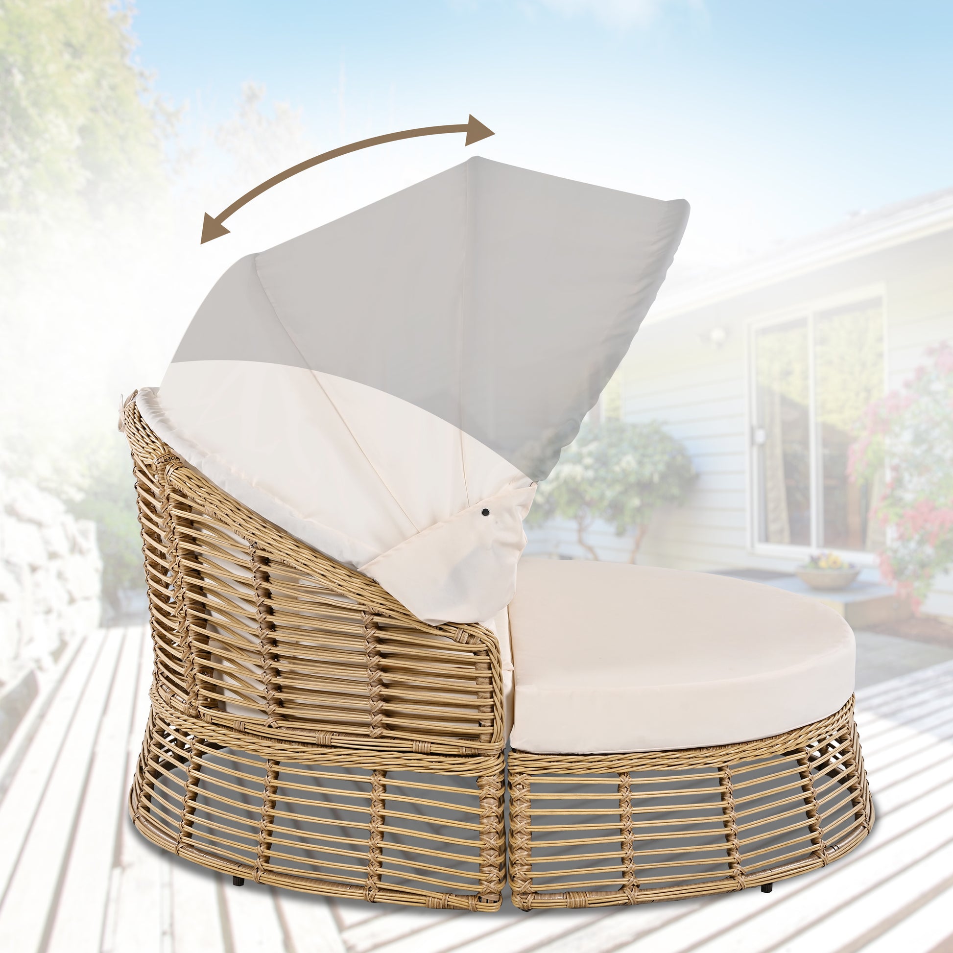 <Old SKU: N704G201243A> Outdoor Patio Rattan Round Daybed with Retractable Canopy, Wicker Furniture Round Poolside Sofa Sunbed with Removable Cushions, Backyard, Porch, Beige image 5