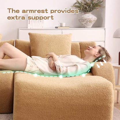 U-shaped Soft Teddy Fabric Boneless Sofa, Assembly Chaise,No Assembly Required Curved Armrest,Anti-Slip Design 32D High Density Sponge Streamlined Design,Fits Living Rooms Reading Nook,Camel image 9