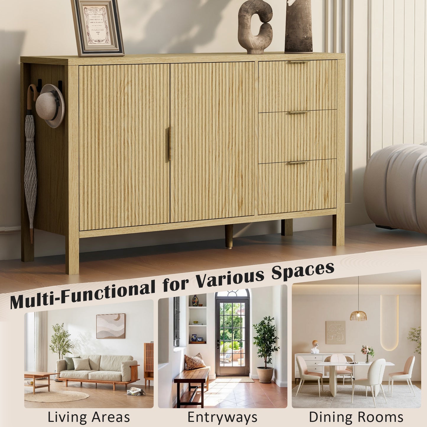 U-Style Modern Wave-Pattern Sideboard with 3 Drawers, Large Storage Buffet Cabinet with Hooks and Extra Center Leg,Suitable for Living Room,Entryway,Hallway. image 11