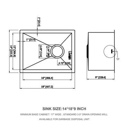 14 Inch Undermount Sink - 14"x18"x9" Undermount Stainless Steel Kitchen Sink 18 Gauge 9 Inch Deep Single Bowl Kitchen Si image 6