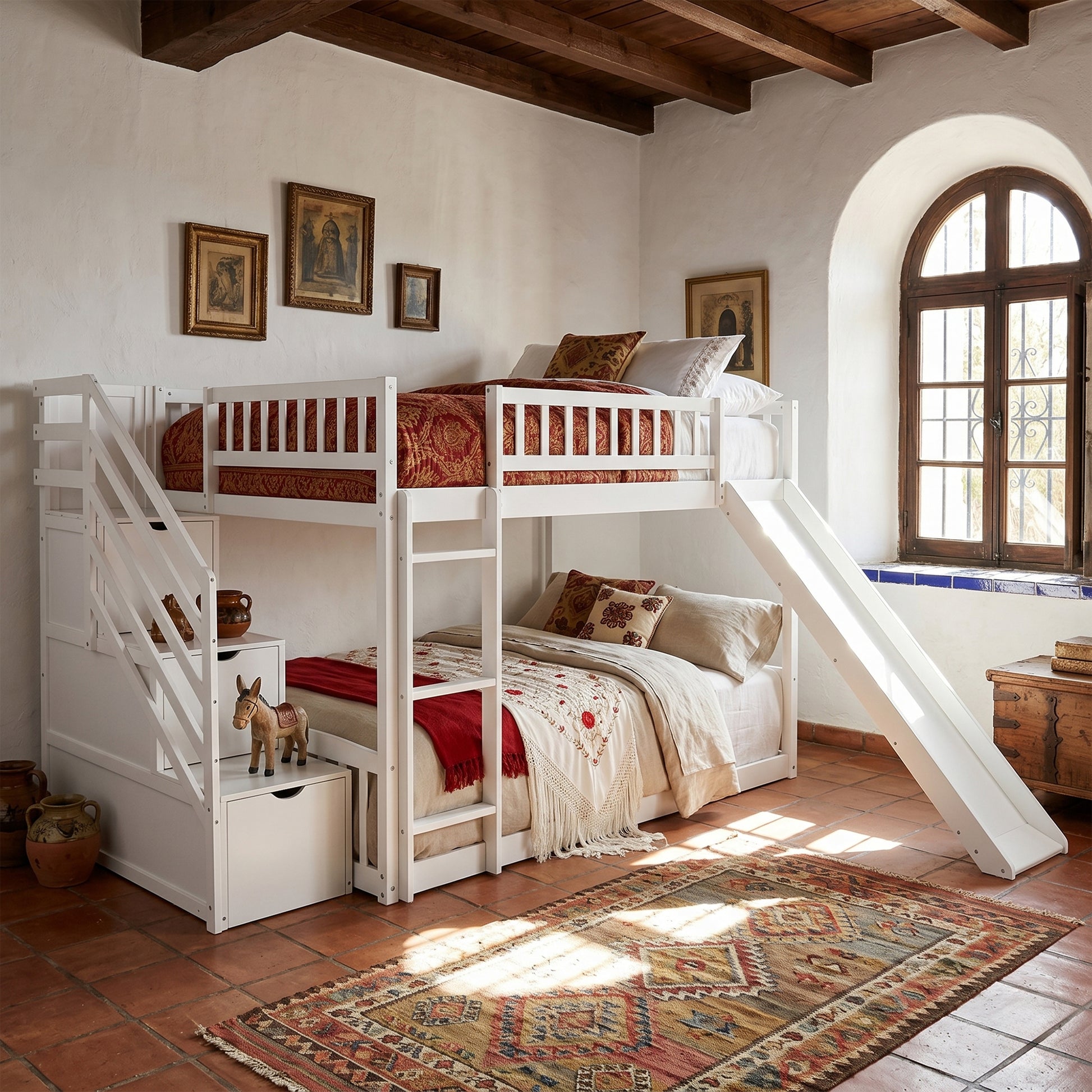 Stairway Full over Full Bunk Bed with Three Drawers and Slide, White image 2