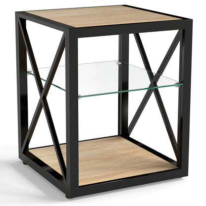 1 piece Modern End Table Nightstand for Bedroom & Living Room, Tempered Glass&Natural Wood MDF Top, Industrial Style Side Table image 4